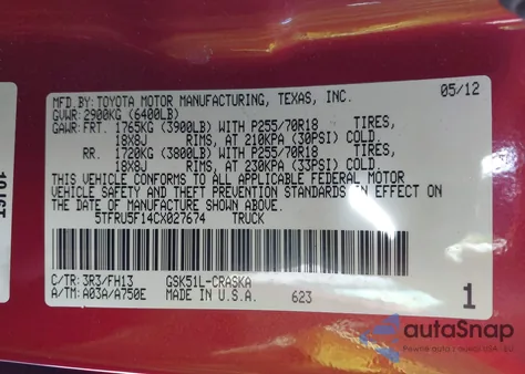 2012 Toyota Tundra Grade V6 from USA, damaged, VIN 5TFRU5F14CX027674